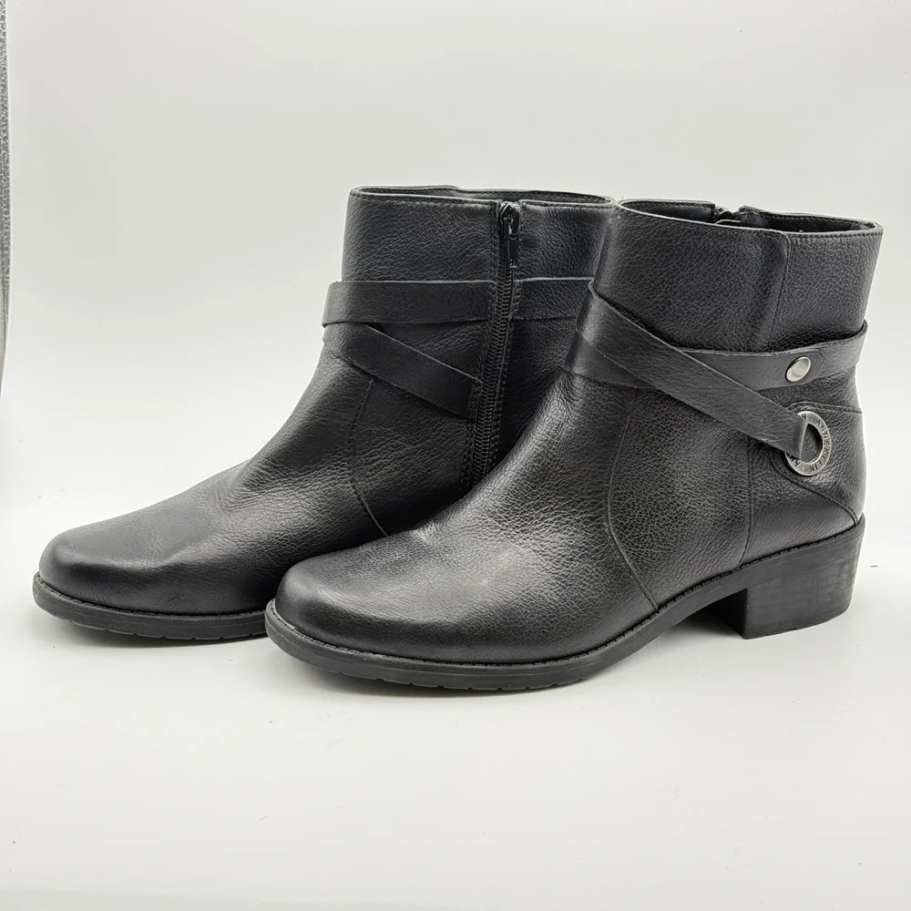 Anne Klein  Black‎ Leather Ankle Boots Womens 8M Low Block Heel Zip Bootie
